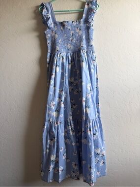 Light Blue Floral Midi Dress with Smocked Bodice